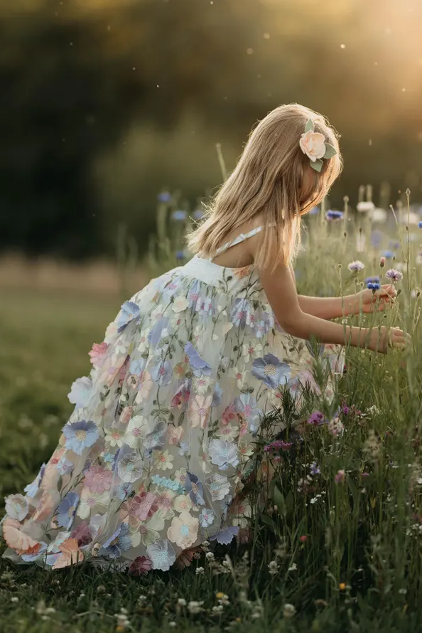 White Spaghetti Strap 3D Floral Tulle Maxi Dress