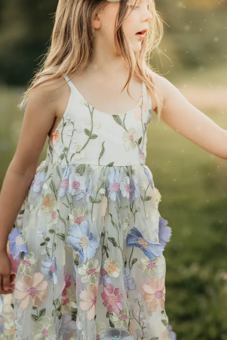 White Spaghetti Strap 3D Floral Tulle Maxi Dress