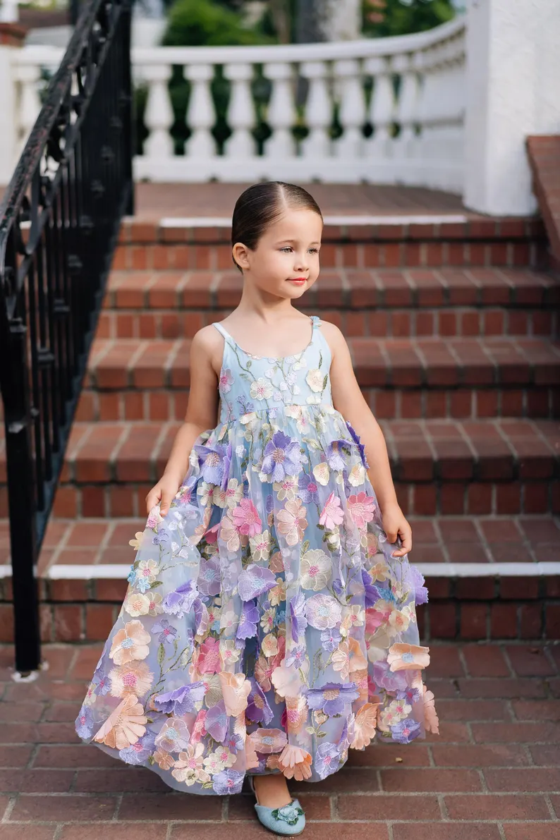 White Spaghetti Strap 3D Floral Tulle Maxi Dress