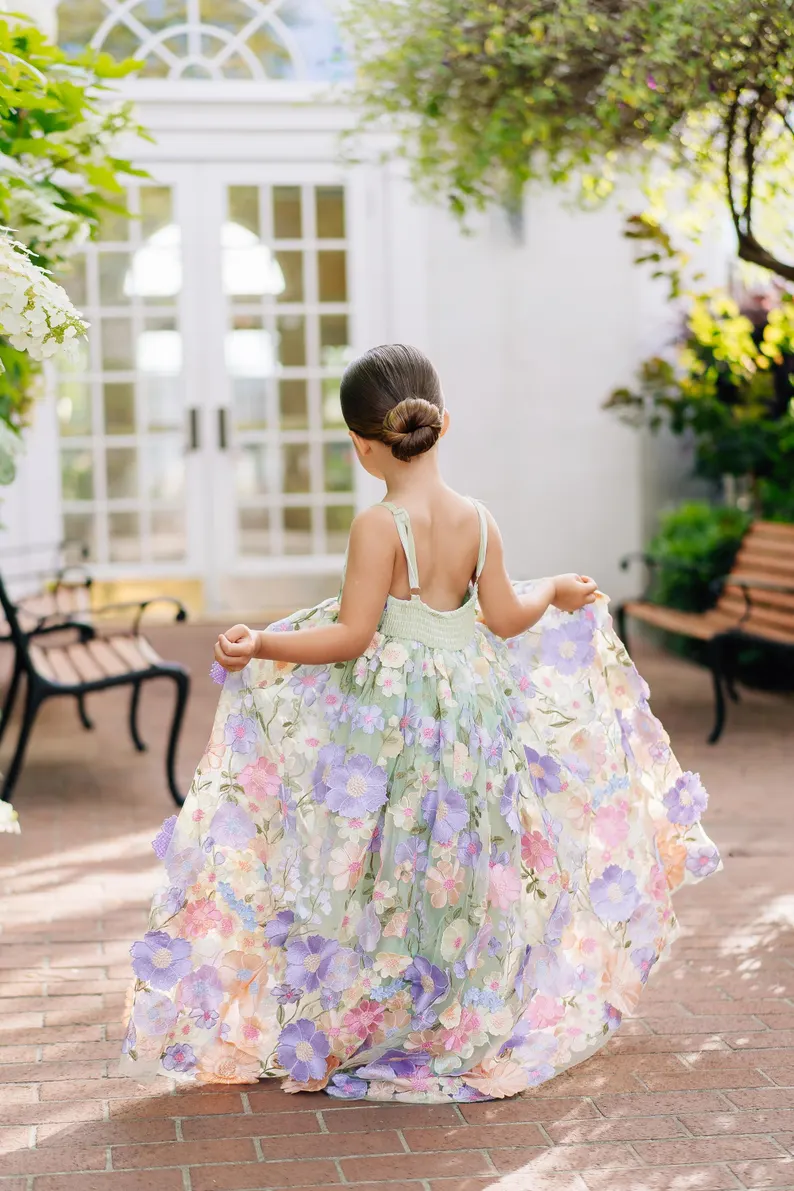White Spaghetti Strap 3D Floral Tulle Maxi Dress