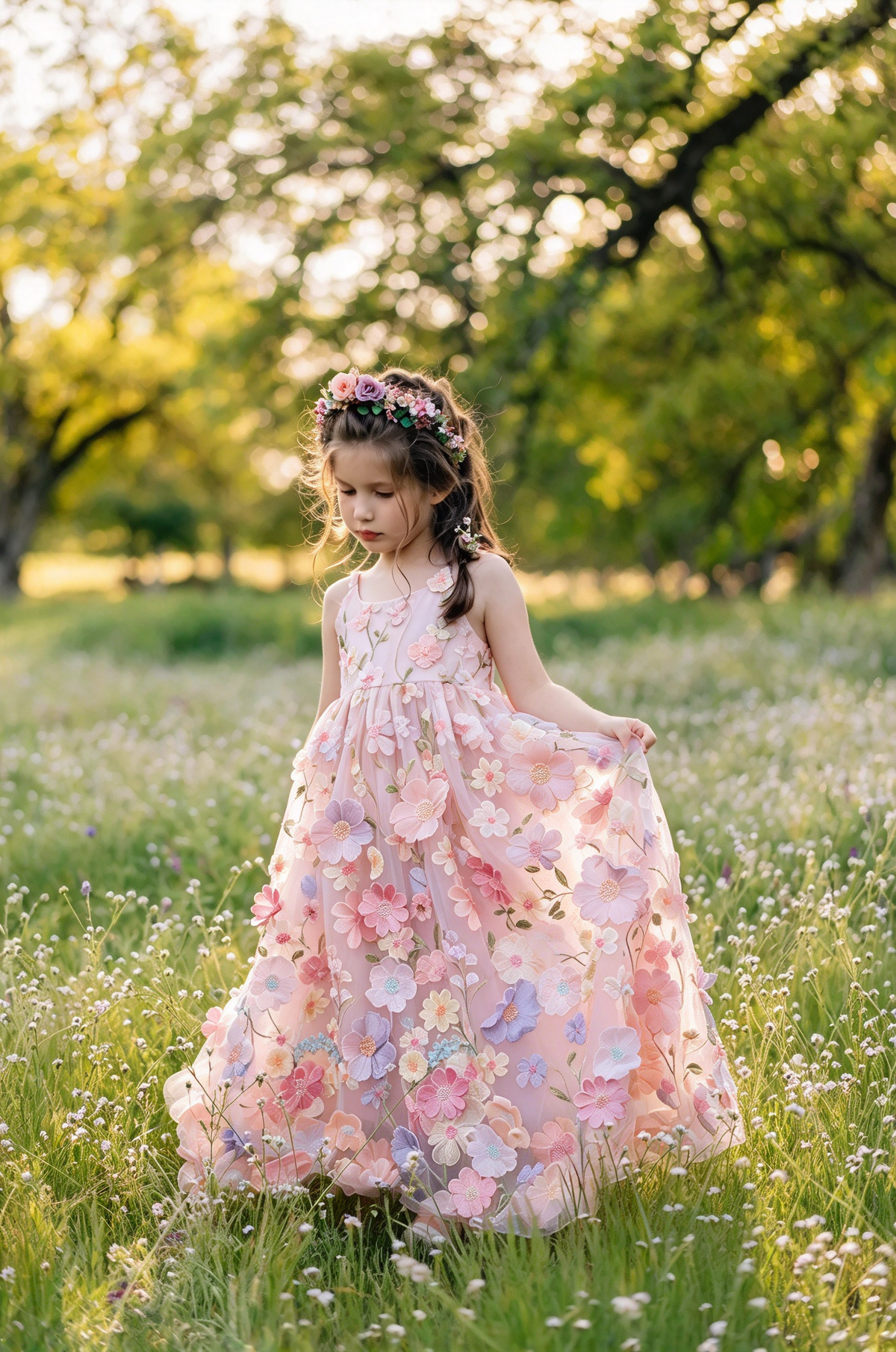 White Spaghetti Strap 3D Floral Tulle Maxi Dress