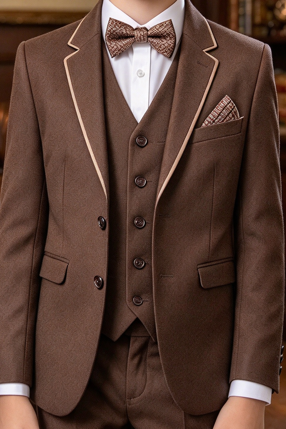 Dark Brown Trimmed Suit Single-Breasted 3 Piece Set