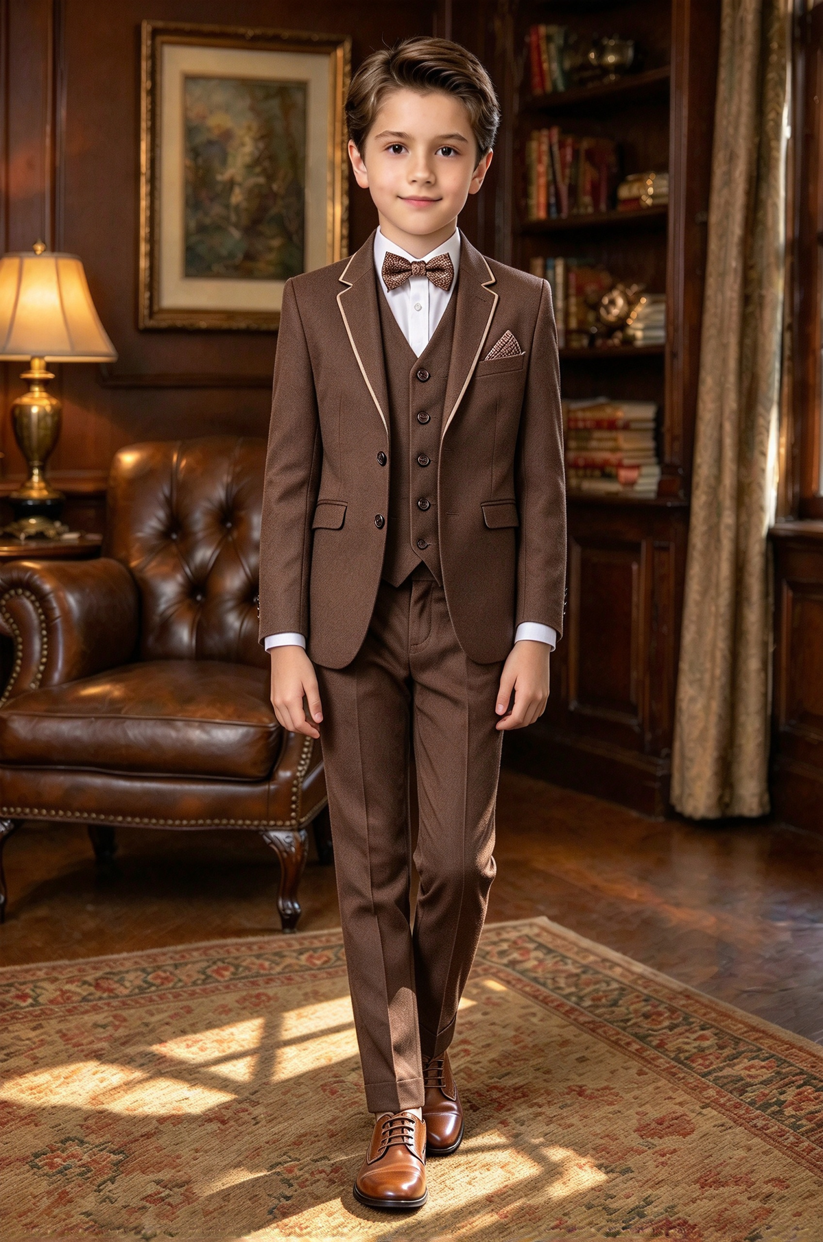 Dark Brown Trimmed Suit Single-Breasted 3 Piece Set