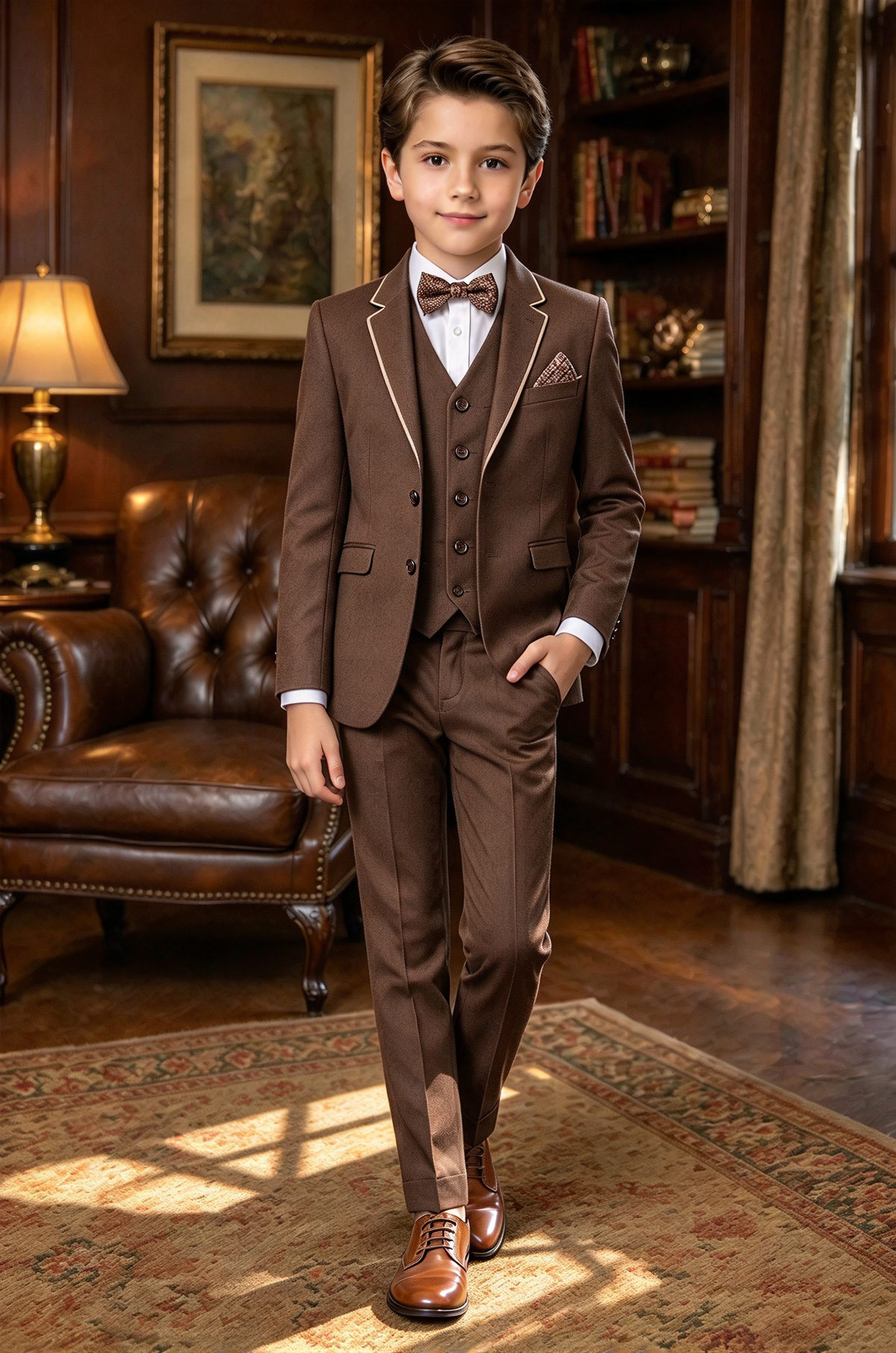 Dark Brown Trimmed Suit Single-Breasted 3 Piece Set