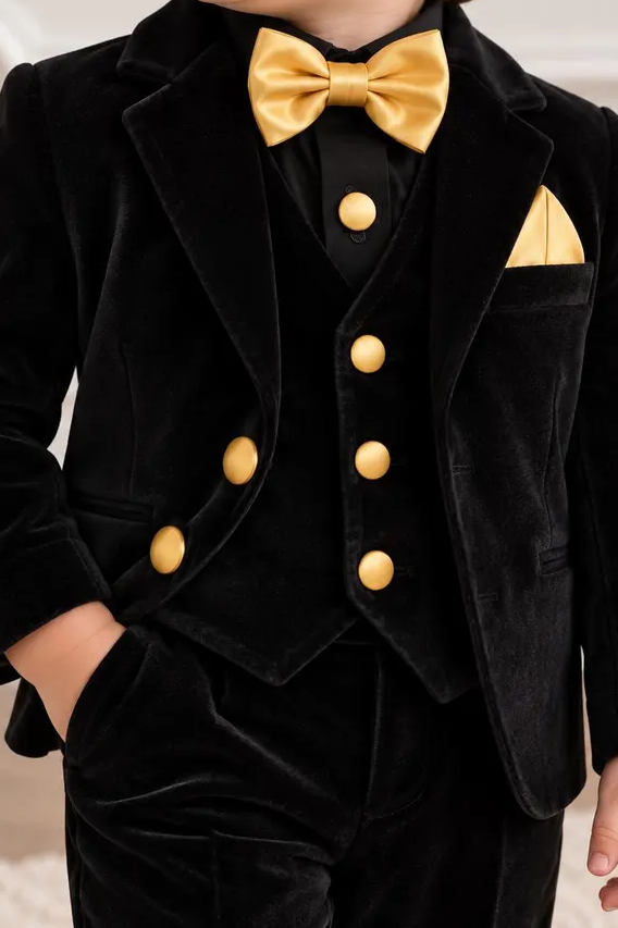 Black Velvet Gold Button Formal Suit Single-Breasted 3 Piece Set