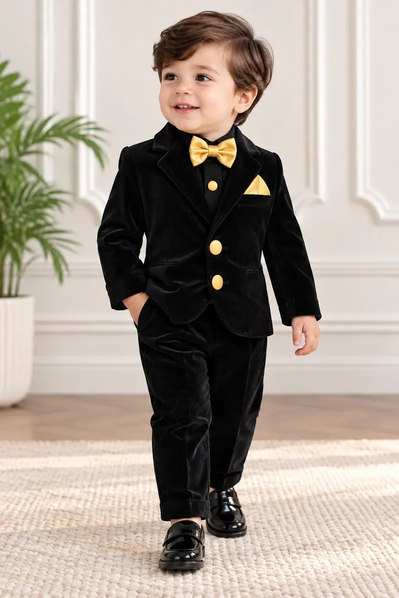 Black Velvet Gold Button Formal Suit Single-Breasted 3 Piece Set