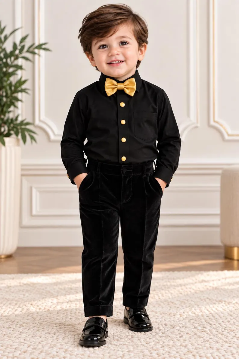 Black Velvet Gold Button Formal Suit Single-Breasted 3 Piece Set