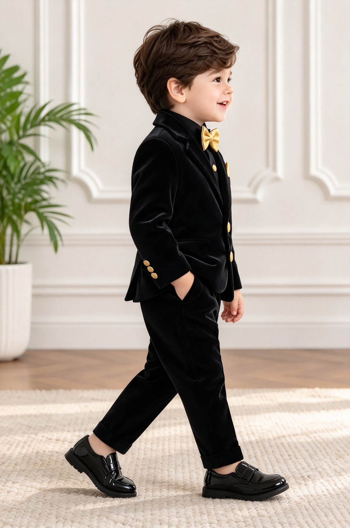 Black Velvet Gold Button Formal Suit Single-Breasted 3 Piece Set