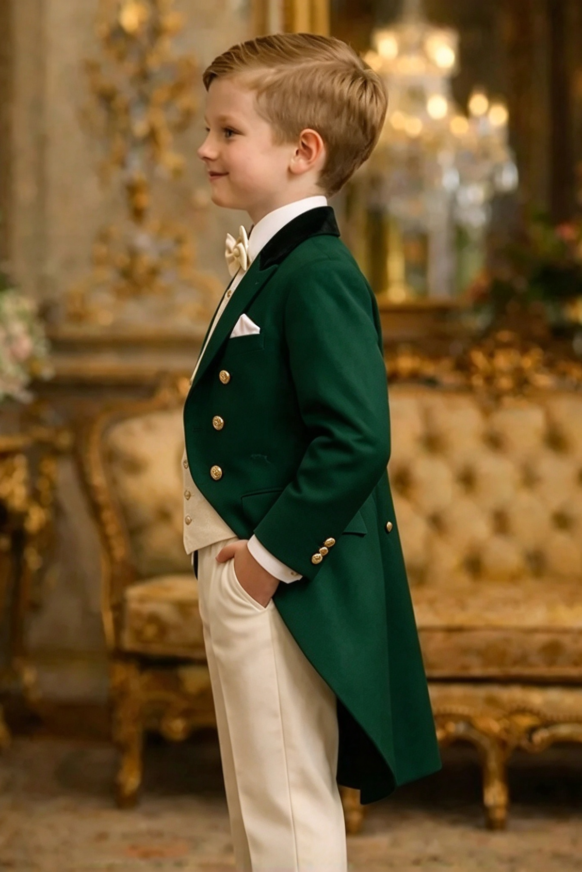Dark Green & Ivory Velvet Lapel Gold Button Tuxedo 3 Piece Set