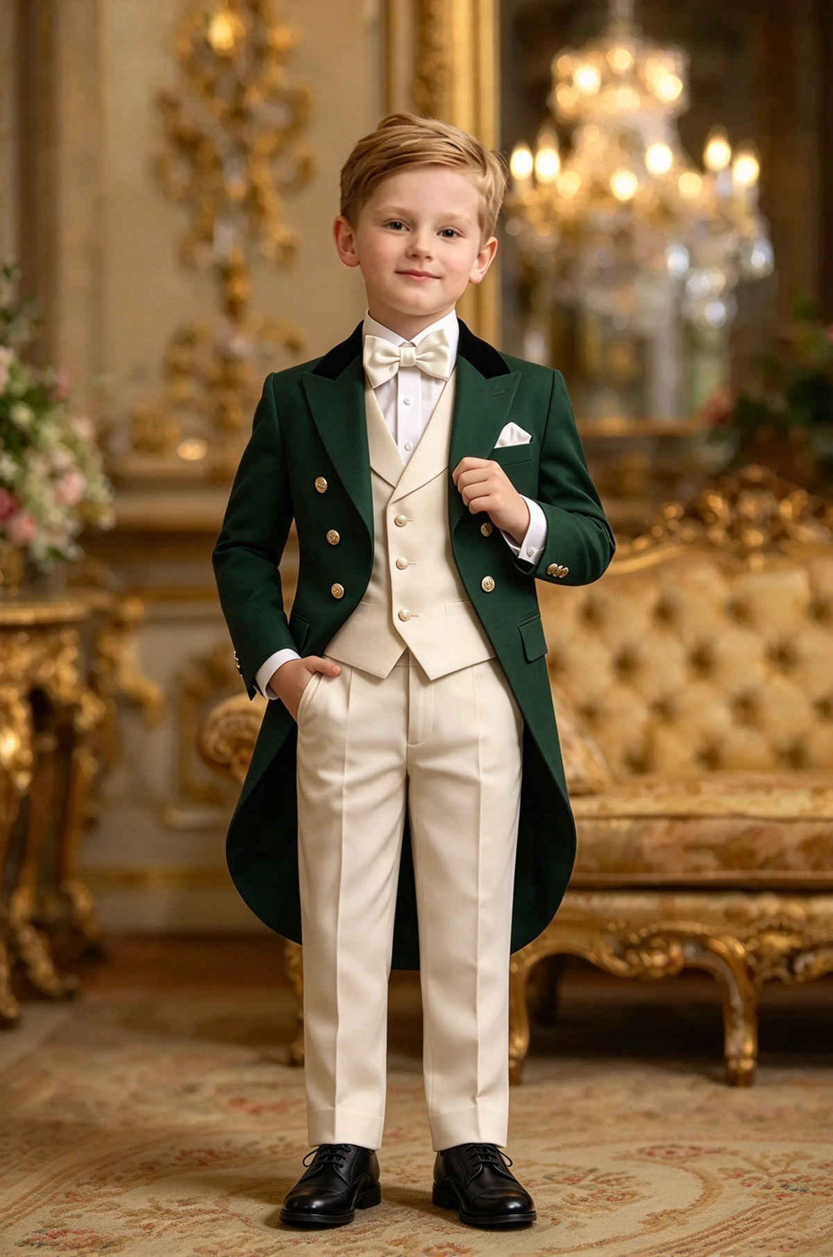 Dark Green & Ivory Velvet Lapel Gold Button Tuxedo 3 Piece Set