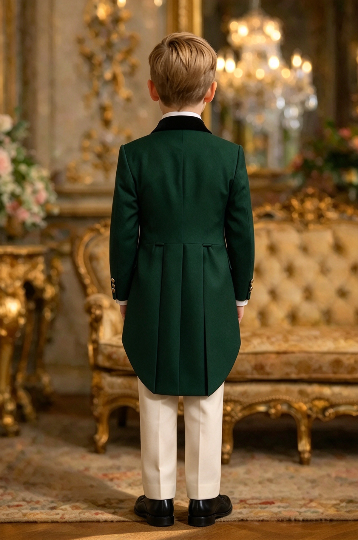 Dark Green & Ivory Velvet Lapel Gold Button Tuxedo 3 Piece Set