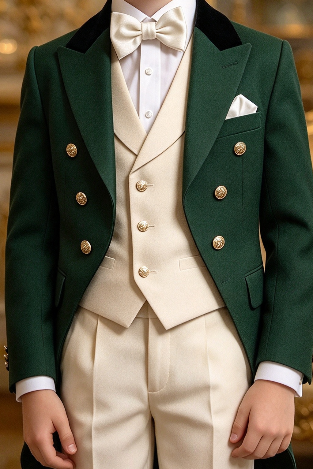 Dark Green & Ivory Velvet Lapel Gold Button Tuxedo 3 Piece Set