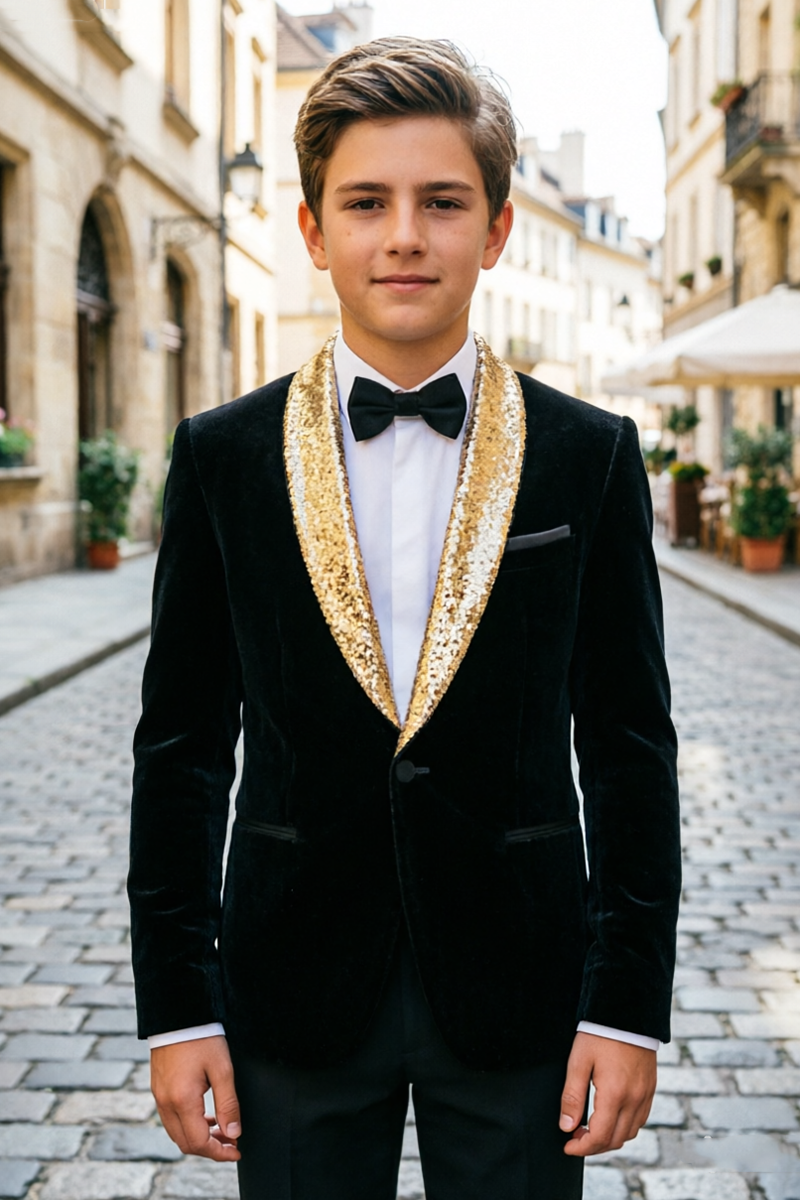 Boys Black Velvet Blazer With Gold Sequin Shawl Lapel