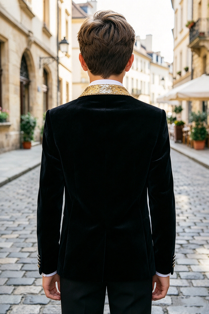 Boys Black Velvet Blazer With Gold Sequin Shawl Lapel