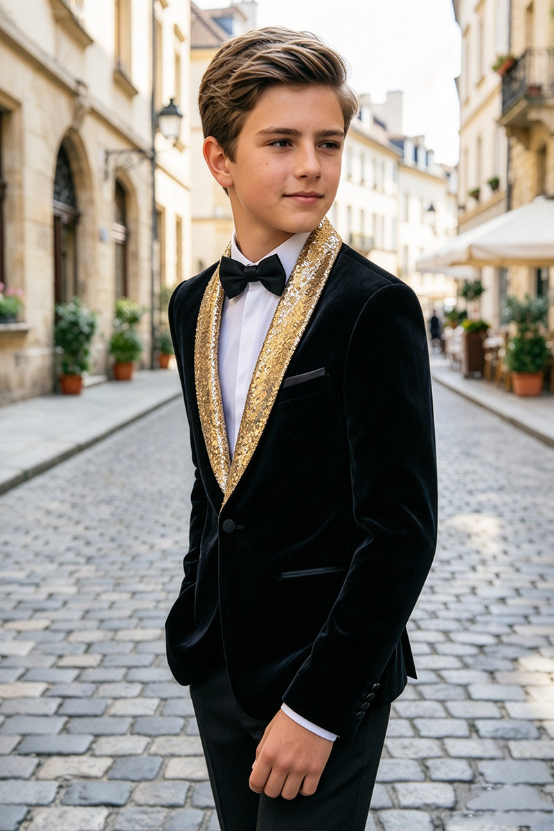 Boys Black Velvet Blazer With Gold Sequin Shawl Lapel