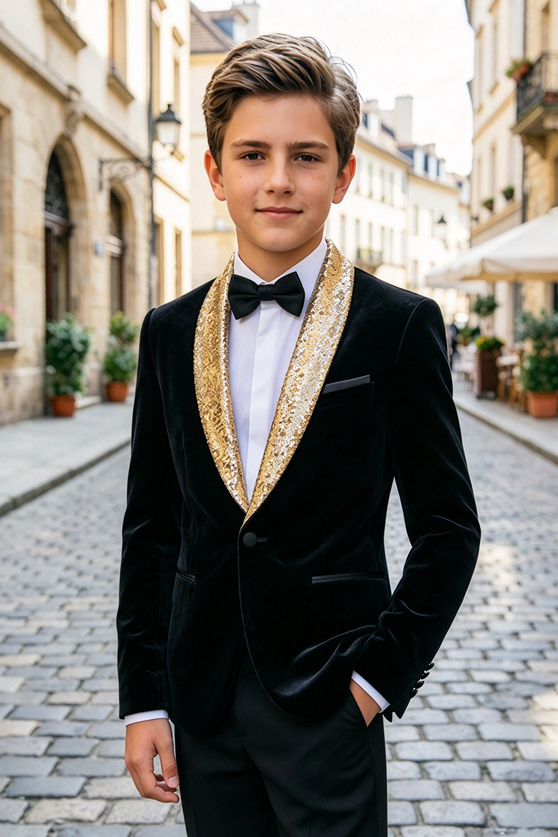 Boys Black Velvet Blazer With Gold Sequin Shawl Lapel