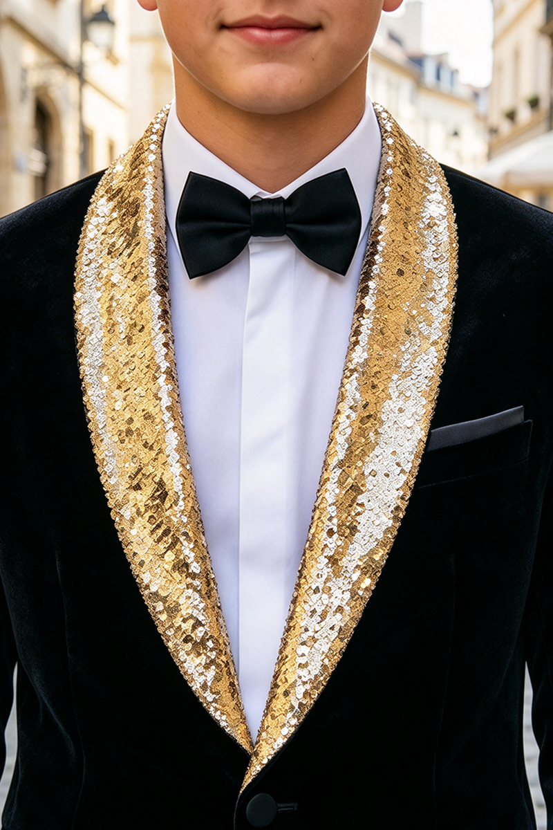 Boys Black Velvet Blazer With Gold Sequin Shawl Lapel