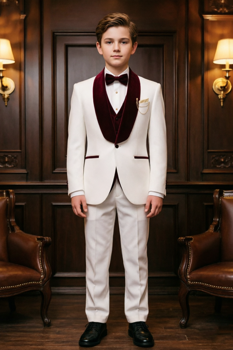 Boys White Velvet Shawl Lapel 3-Piece Suit