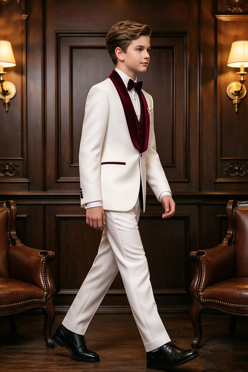 Boys White Velvet Shawl Lapel 3-Piece Suit