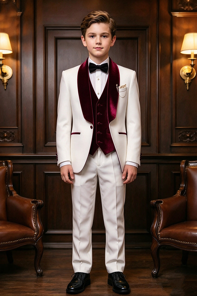 Boys White Velvet Shawl Lapel 3-Piece Suit