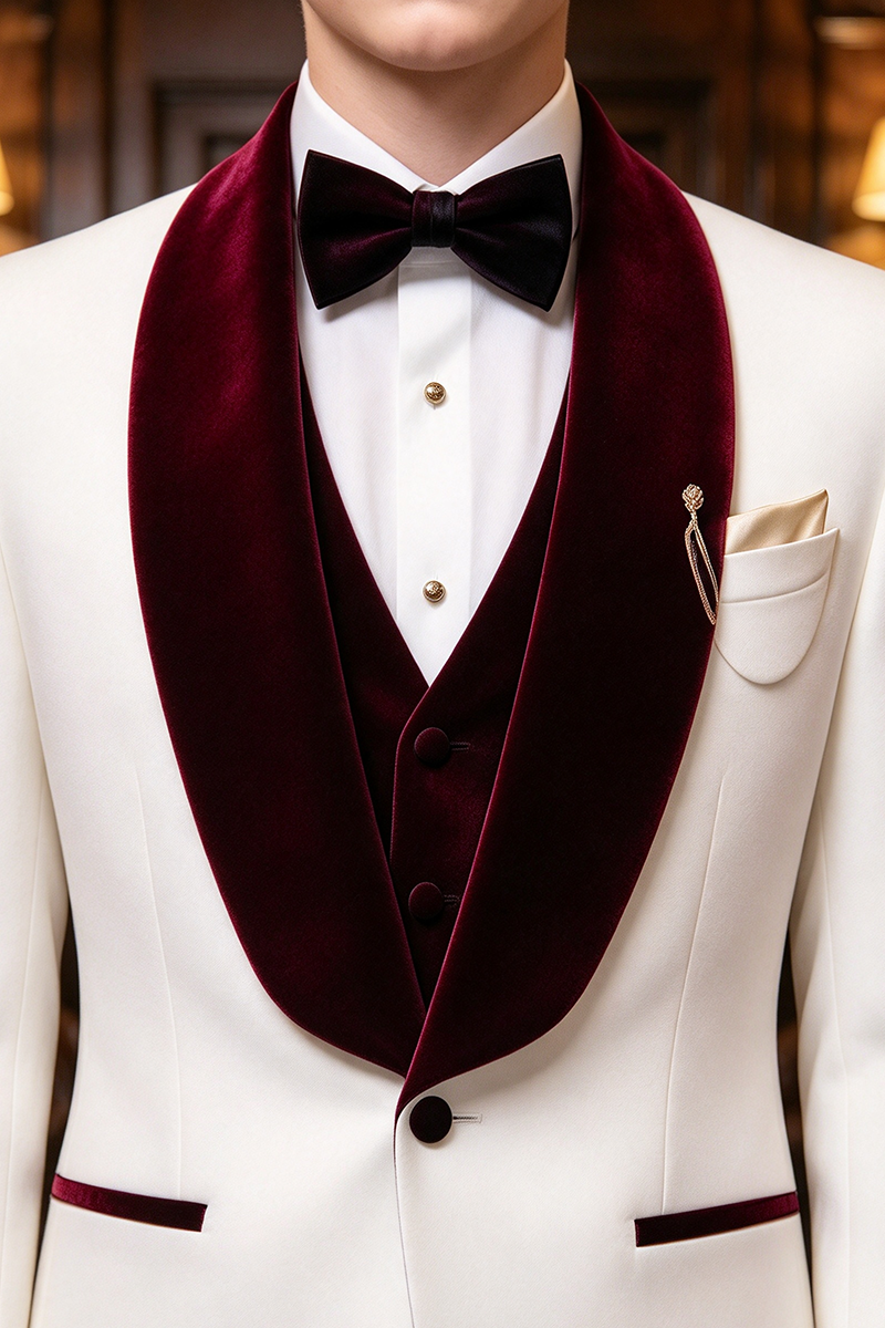 Boys White Velvet Shawl Lapel 3-Piece Suit