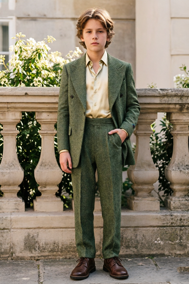 Boys Green Herringbone with Peak Lapel 2-Piece Suit
