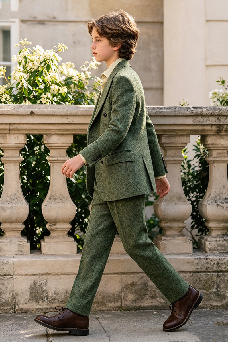 Boys Green Herringbone with Peak Lapel 2-Piece Suit