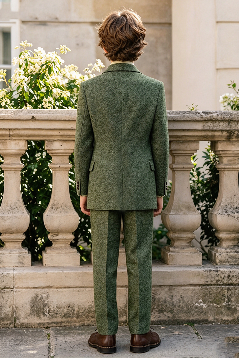 Boys Green Herringbone with Peak Lapel 2-Piece Suit