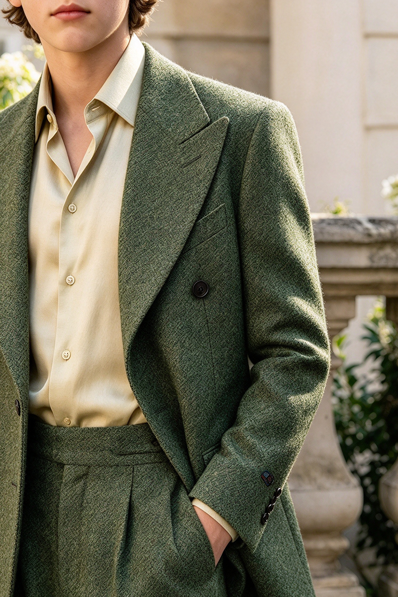 Boys Green Herringbone with Peak Lapel 2-Piece Suit