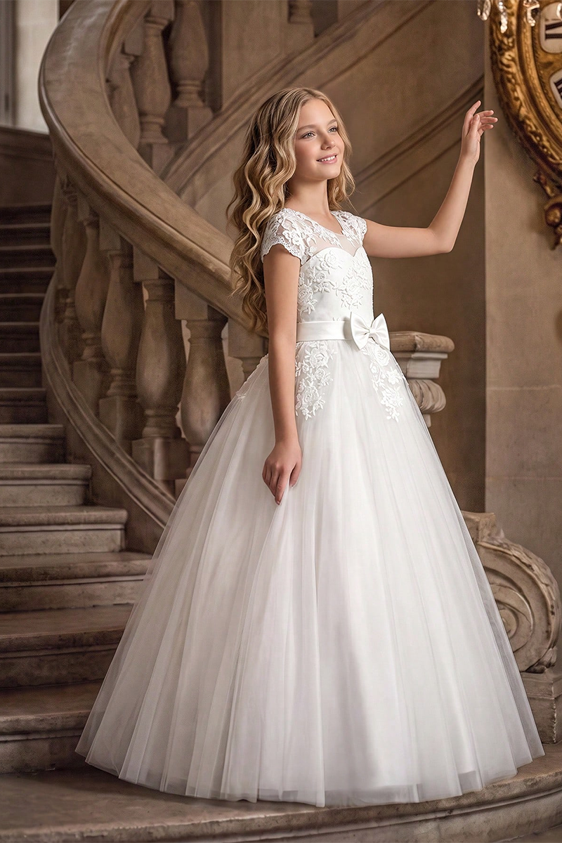 Girls White Tulle Flower Girl Dress for Weddings