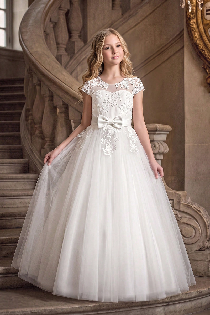 Girls White Tulle Flower Girl Dress for Weddings