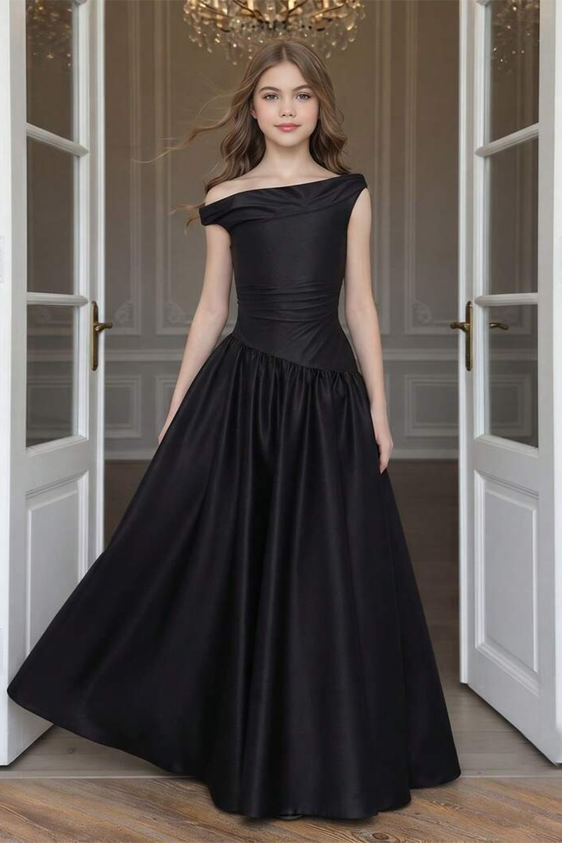 Girls Black Satin Off Shoulder Gown for Weddings