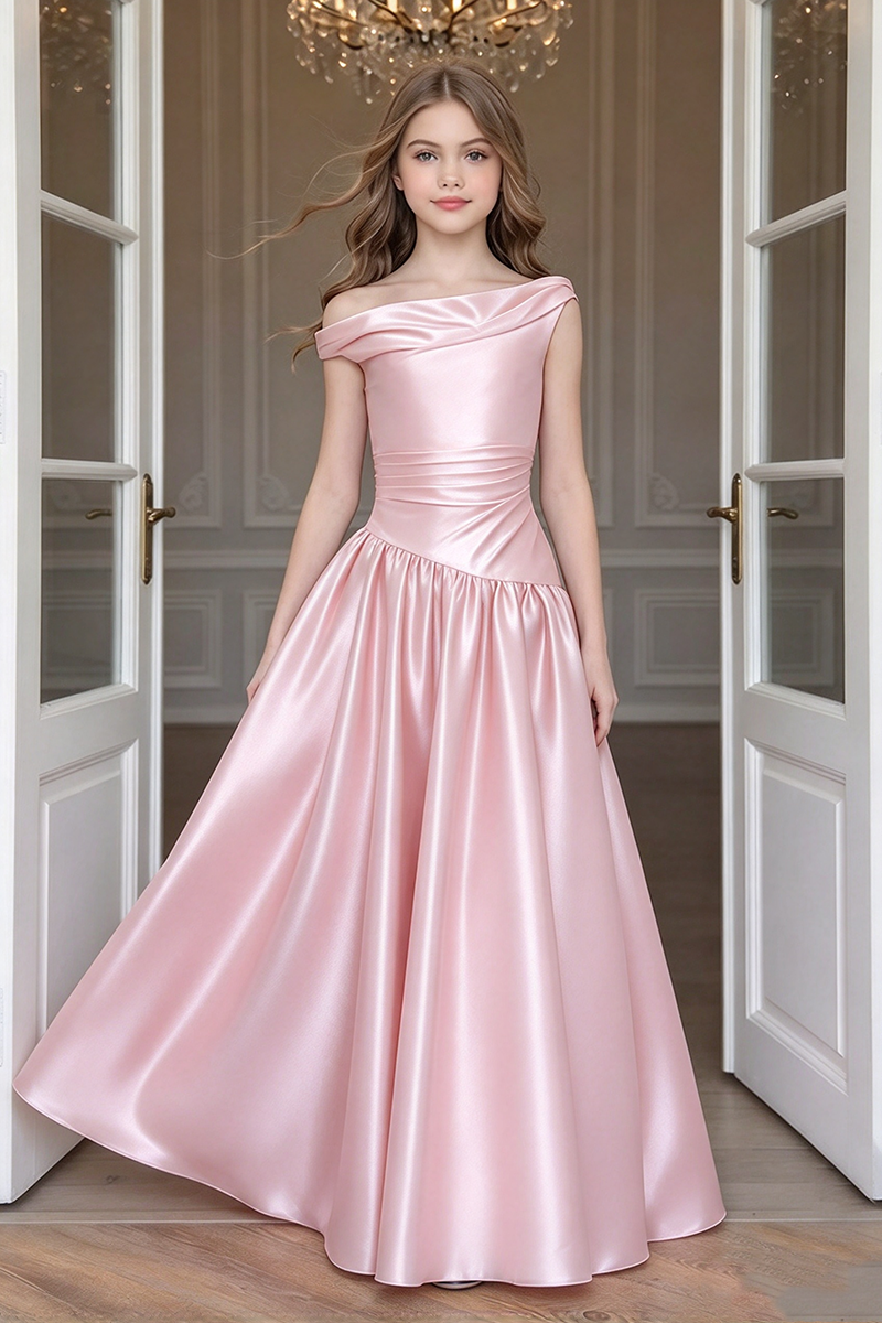 Girls Black Satin Off Shoulder Gown for Weddings