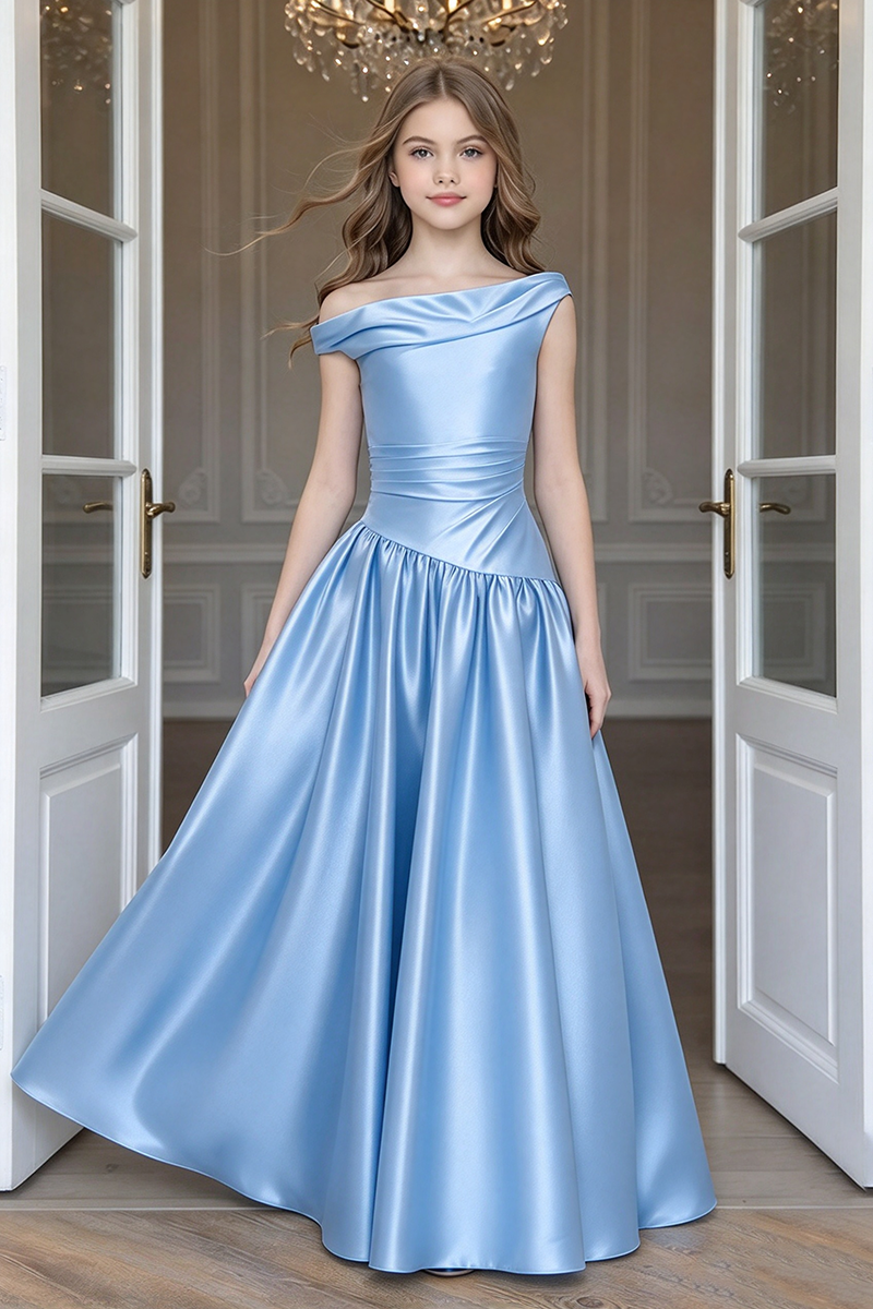 Girls Black Satin Off Shoulder Gown for Weddings