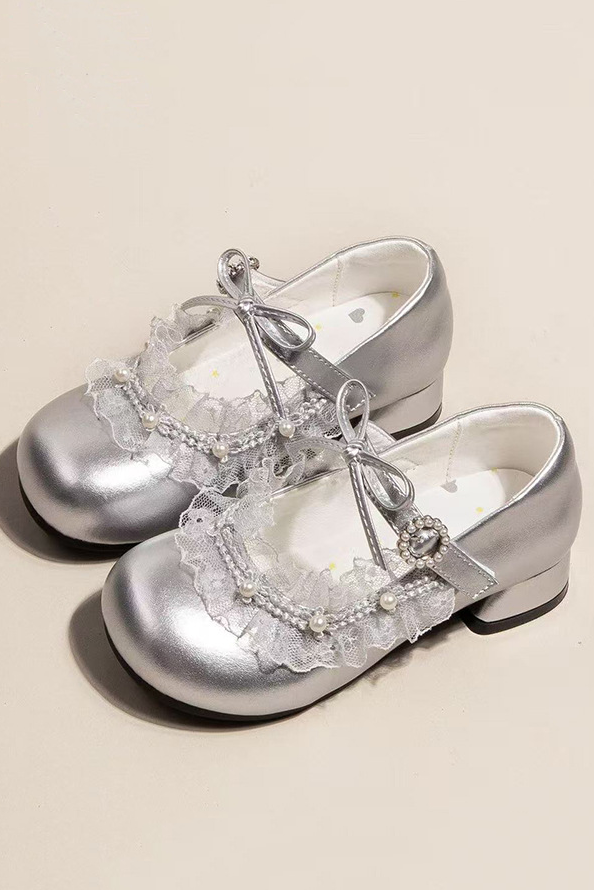 Silver PU Lace Pearl Bow Princess Mary Jane Shoes