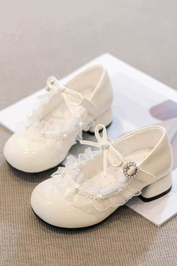 Silver PU Lace Pearl Bow Princess Mary Jane Shoes