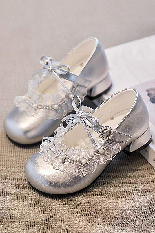 Silver PU Lace Pearl Bow Princess Mary Jane Shoes