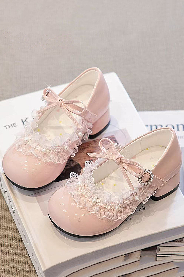 Silver PU Lace Pearl Bow Princess Mary Jane Shoes