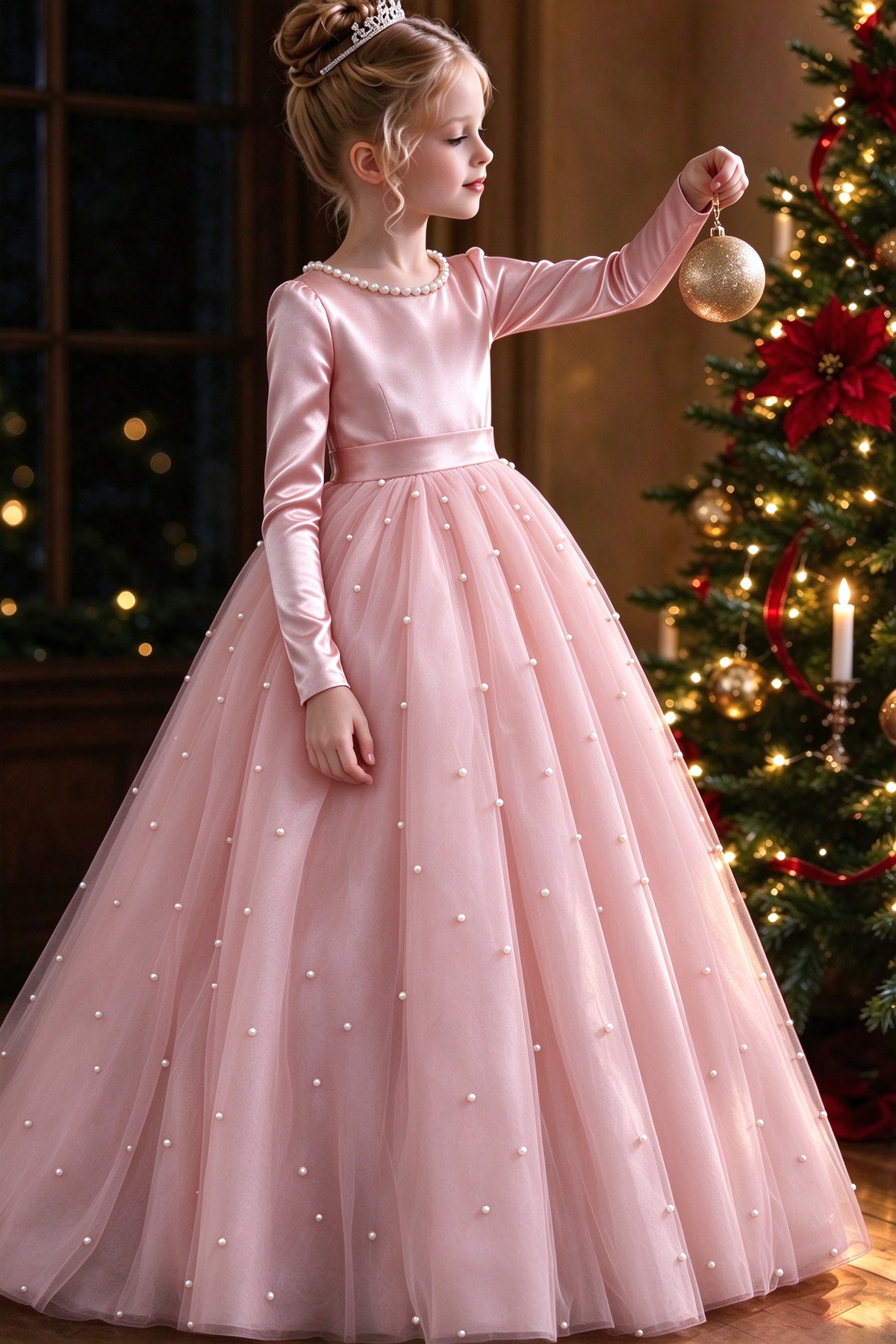 Burgundy Satin Long Sleeve Pearl Bow Tulle A-Line Dress