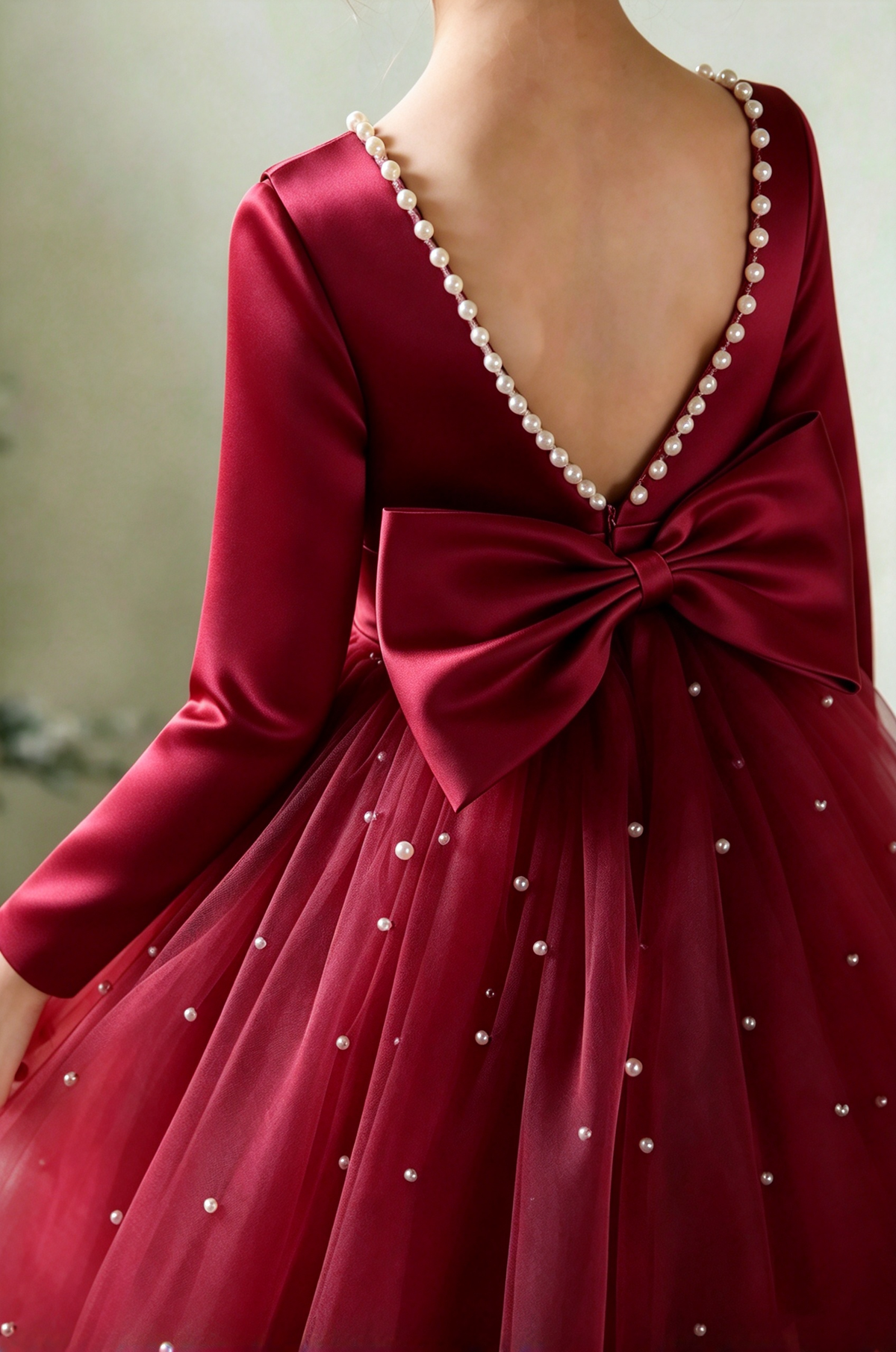 Burgundy Satin Long Sleeve Pearl Bow Tulle A-Line Dress