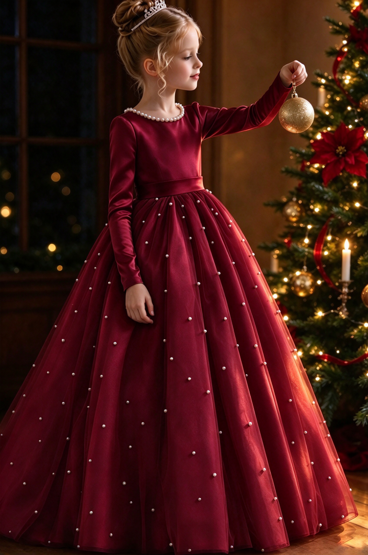 Burgundy Satin Long Sleeve Pearl Bow Tulle A-Line Dress