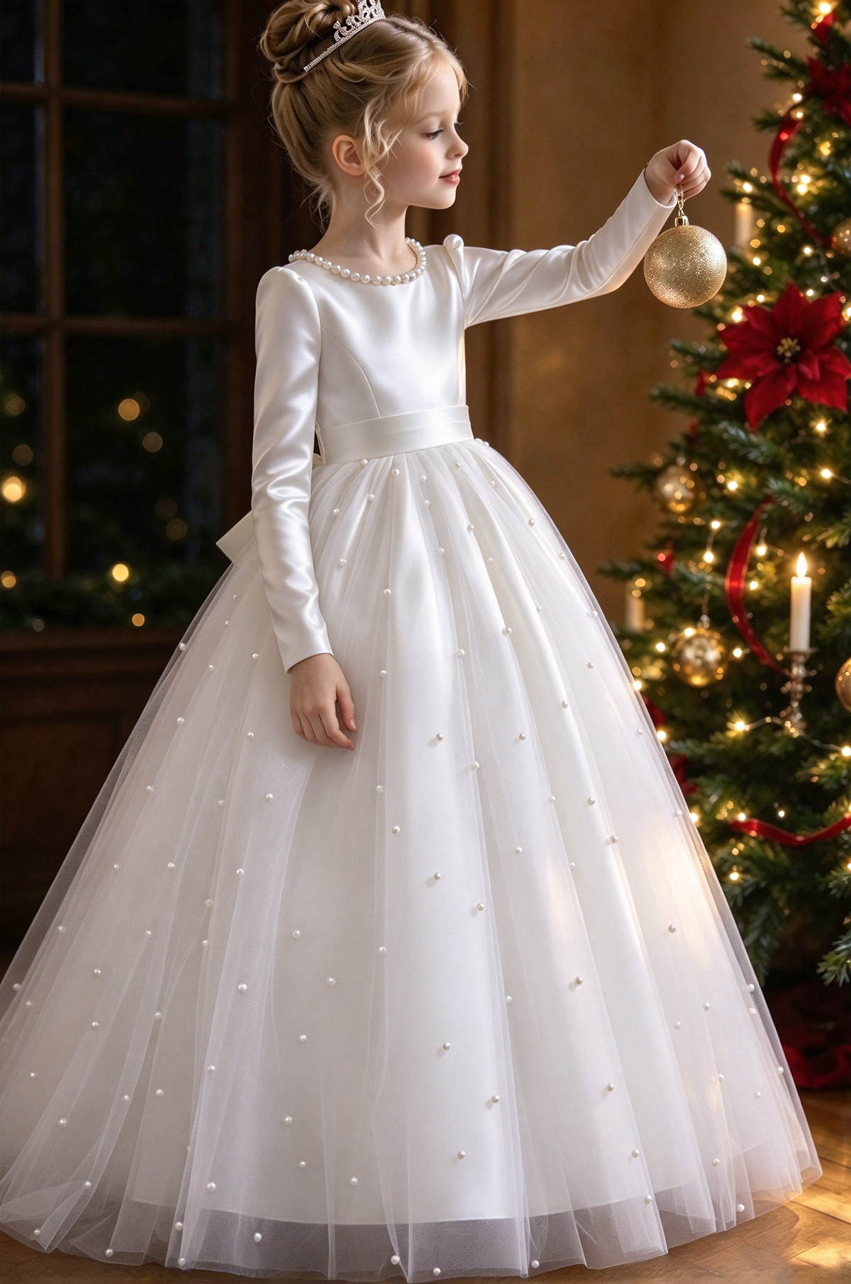 Burgundy Satin Long Sleeve Pearl Bow Tulle A-Line Dress
