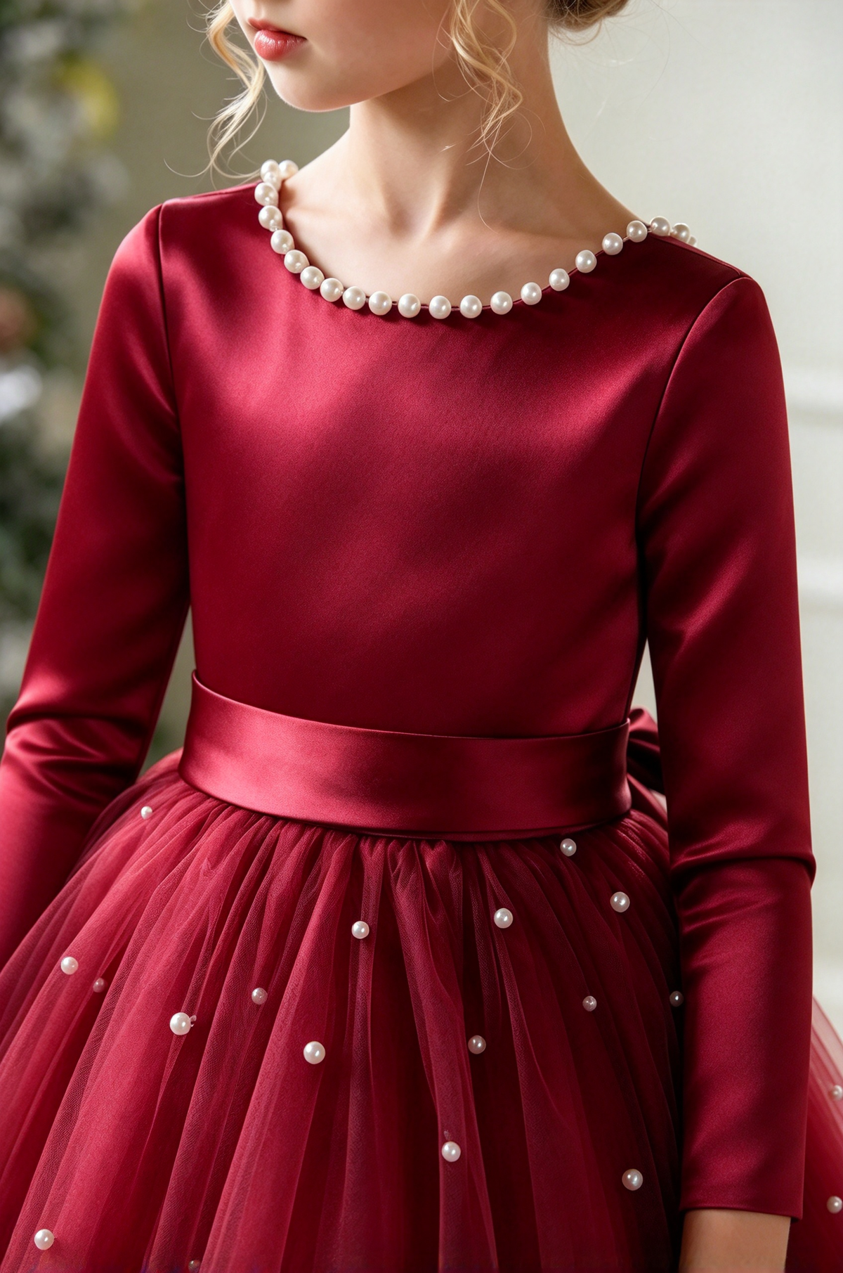 Burgundy Satin Long Sleeve Pearl Bow Tulle A-Line Dress