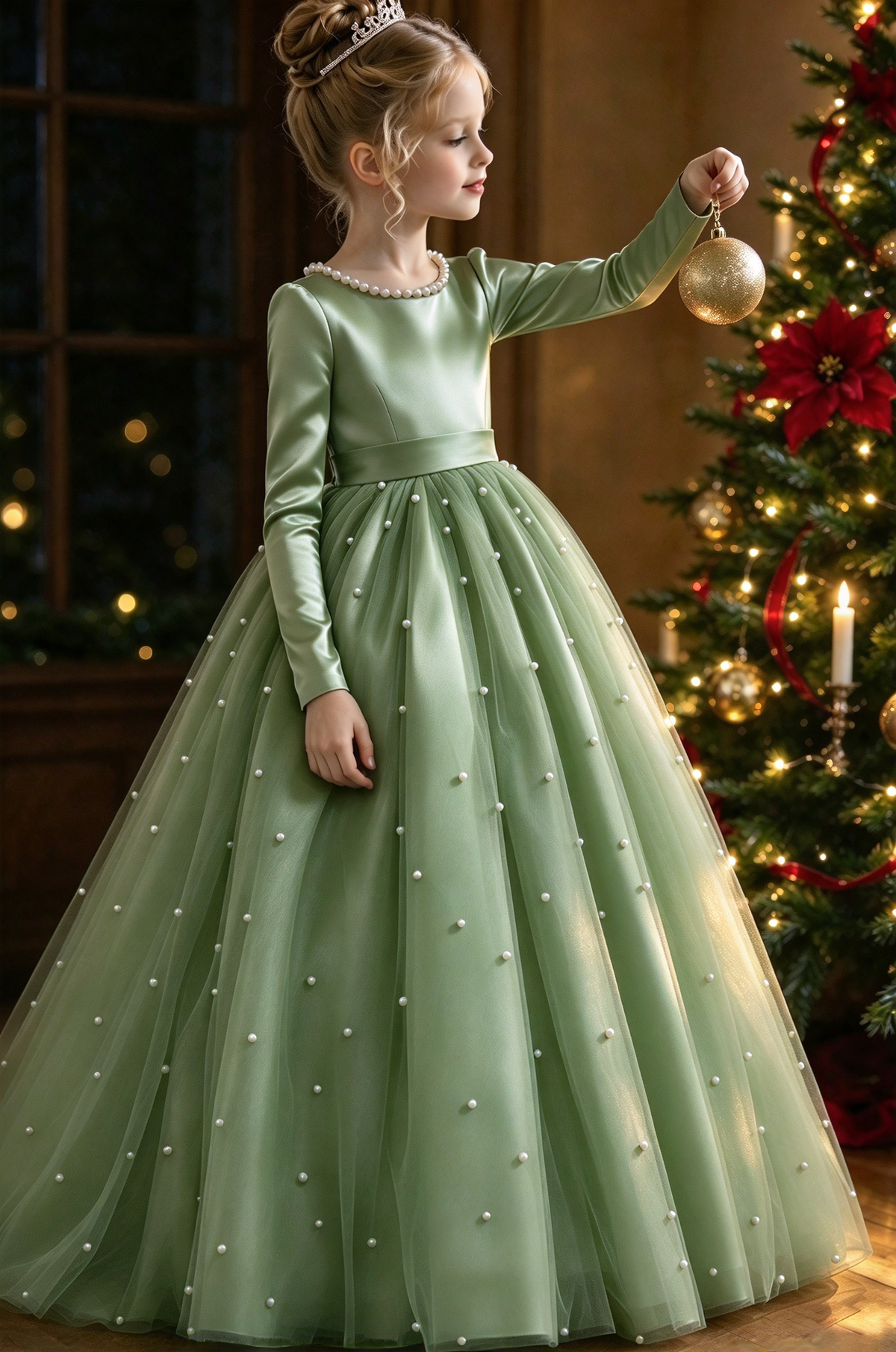 Burgundy Satin Long Sleeve Pearl Bow Tulle A-Line Dress