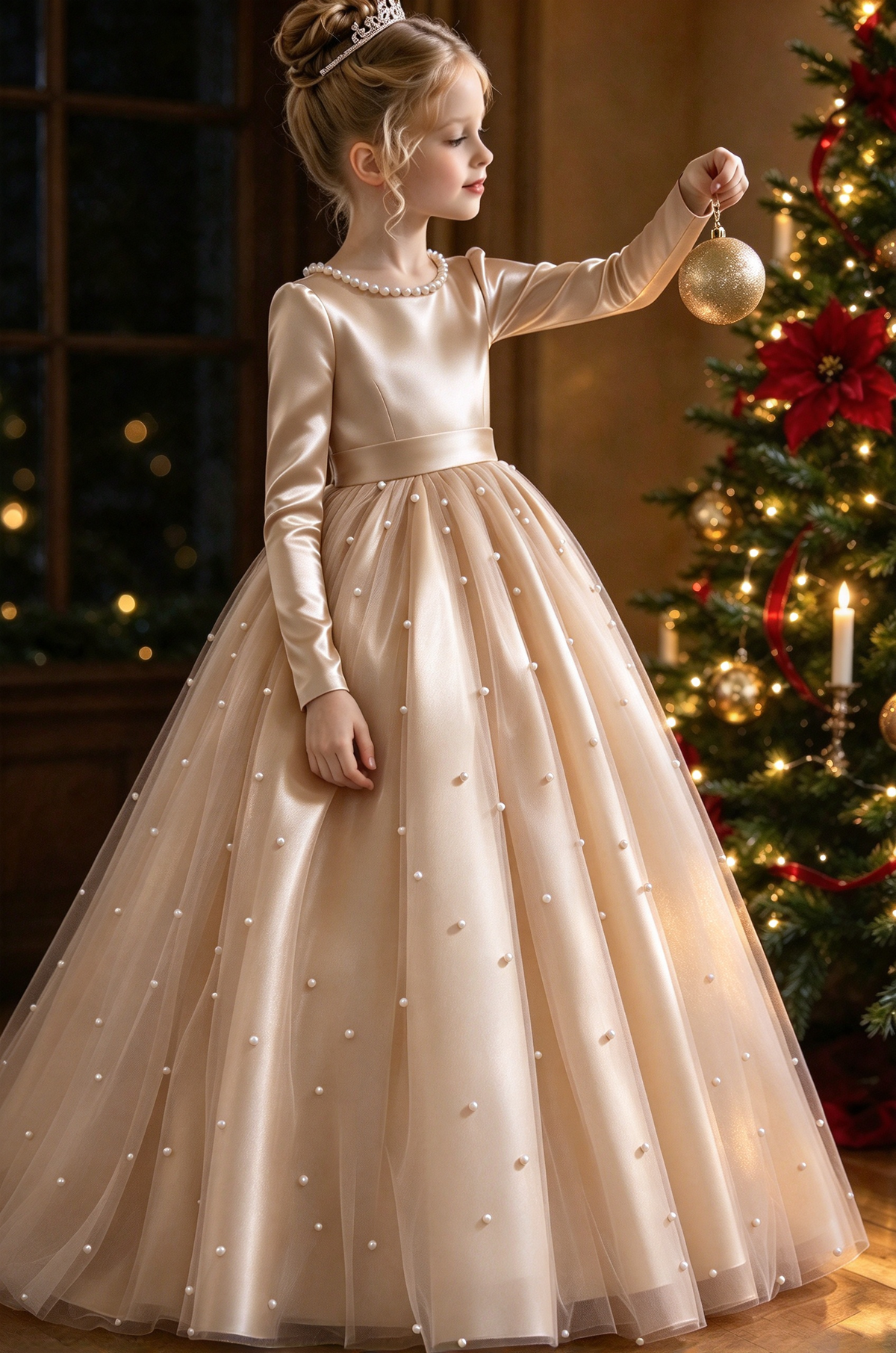 Burgundy Satin Long Sleeve Pearl Bow Tulle A-Line Dress