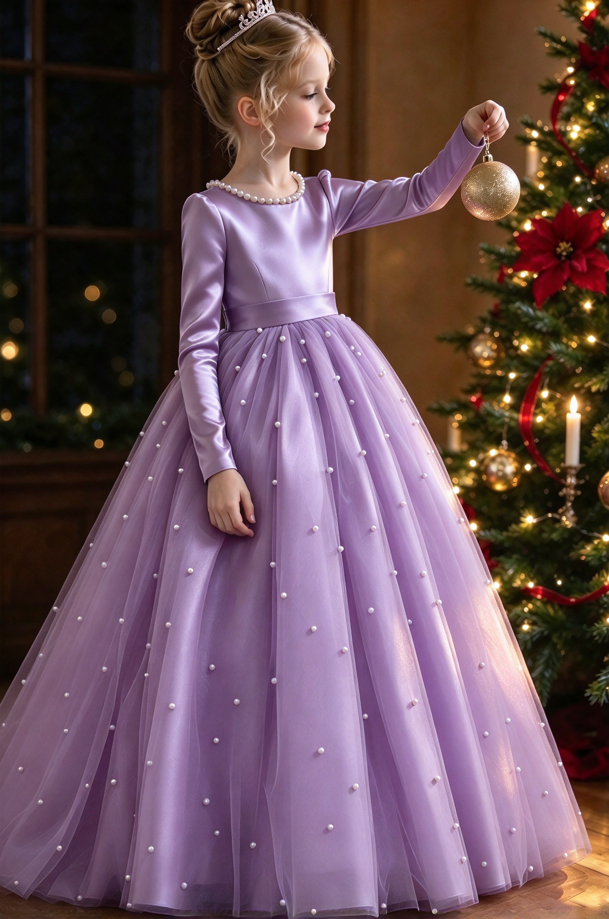 Burgundy Satin Long Sleeve Pearl Bow Tulle A-Line Dress