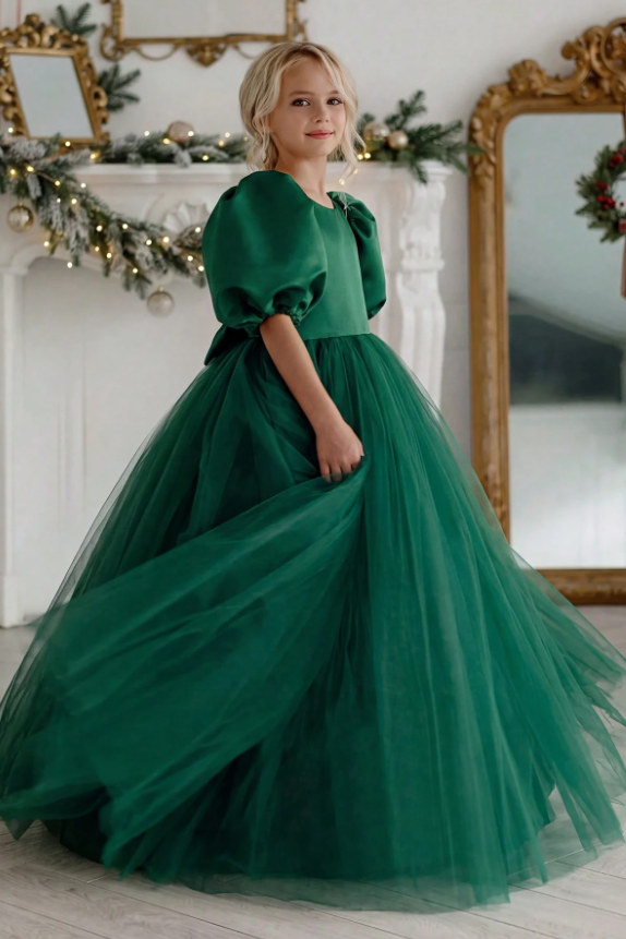 Ivory Satin Puff Sleeve Tulle Big Bow Back Princess Dress