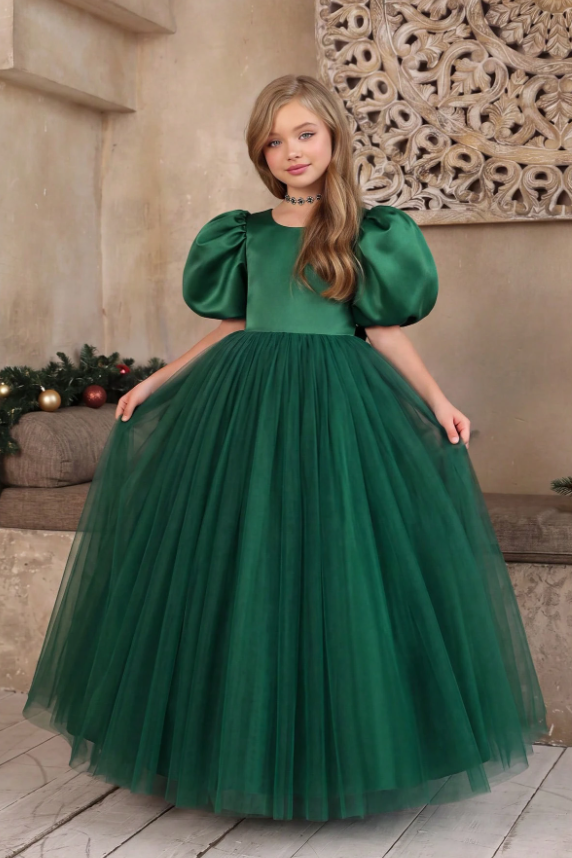 Ivory Satin Puff Sleeve Tulle Big Bow Back Princess Dress