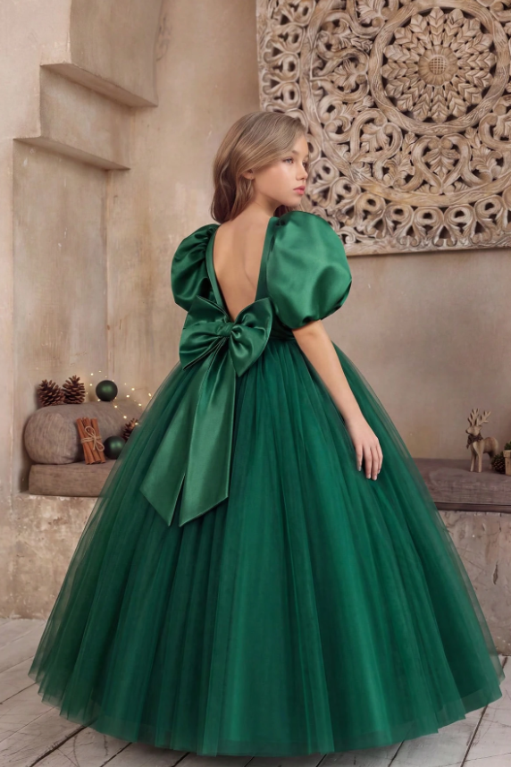 Ivory Satin Puff Sleeve Tulle Big Bow Back Princess Dress