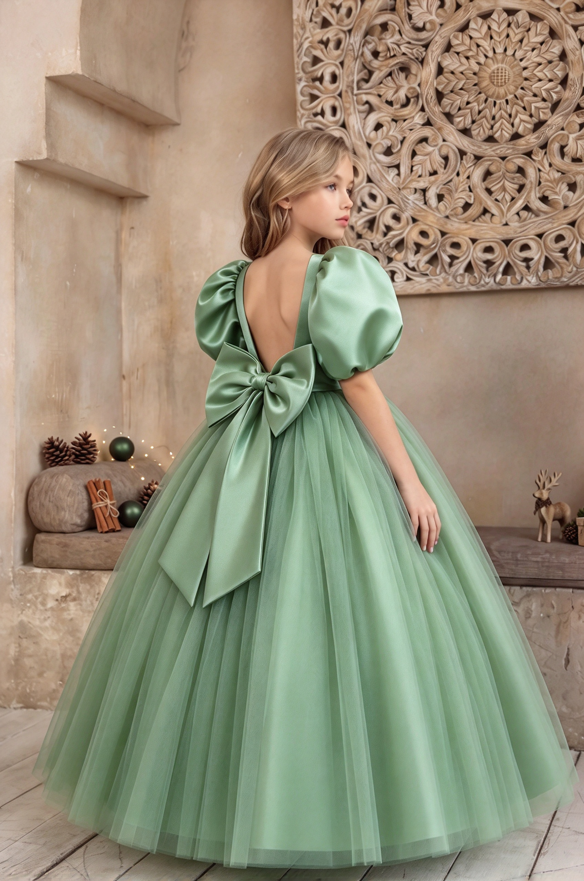 Ivory Satin Puff Sleeve Tulle Big Bow Back Princess Dress